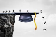 An illustration of people running off a cliff shaped like a graduation mortarboard, suggesting a failed educational system.