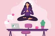 An illustration of a female employee levitating in a yoga pose above a desk. A laptop is open on the desk, with two icons signifying incoming emails or messages.