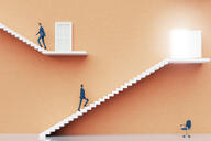 Businessman walking up stairs. Abstract environment with stairs and doors of opportunities, representing professional career, financial growth, ability, success. - stock photo