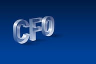 The acronym "CFO" is spelled out in transparent, glass-like, three-dimensional letters against a blue background.