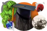 Collage to illustrate concept of story: features a graduate in a cap, dollars to symbolize affordability/value, a workplace image and political party icons.