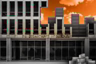 Illustration showing the Education Department building taken apart brick by brick