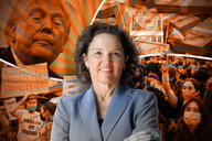 Various visual icons swirl around interim president of Columbia University Katrina Armstrong