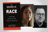 Illustration showing the black book cover and two headshots. The text reads The Origins of Critical Race Theory: The People and Ideas That Created a Movement