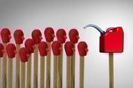 An illustration of a gas can over a set of matches with humanlike faces on them, illustrating the concept of gaslighting.