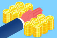 An illustration of a man's arm/hand separating two equally divided piles of gold coins.