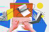 An illustration featuring male hands at work on a keyboard, with open books circling around.