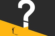 An illustration of a small male figure standing in front of a door shaped like a question mark.