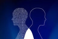 Circuit board in man shape on blue. High-tech technology background. 3d illustration - stock photo
