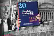 An illustration of the Project 2025 book, President Trump, the Department of Education and Columbia University.