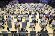 College students present their research posters during the University at Albany, SUNY, Showcase Day in May 2025.