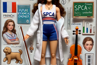 An image of a college applicant dressed as a superhero with images and words suggesting her interests and passions all around her: these interests include France, volunteering with animals, a guitar, and a keyboard; the words "future biochemical engineer" are in the top left-hand corner. 