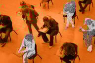 An illustration of several "ghost" students in an exam hall.