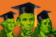 Founding fathers George Washington, Abrahim Lincoln and Benjamin Franklin wearing graduation mortarboards.