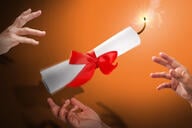A diploma with a fuse being tossed between multiple hands.