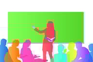 A colorful illustration of a female professor lecturing to a group of students. Each person is depicted as a silhouette of a different color.