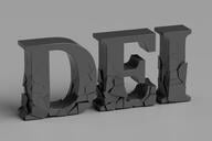 An illustration of the letters "DEI" in dark gray, against a lighter grey background. Each of the letters has cracks in the bottom, as if the foundation is crumbling.