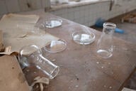 A photo of a dusty wooden table in an unused science laboratory; glass flasks, one knocked on its side, Petri dishes, and documents are strewn about the table. 