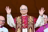 A light-skinned man with white hair wearing the vestments of the pope.