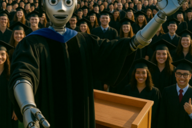 An AI-generated image of a robot-like figure giving a graduation speech.
