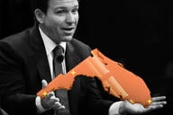 An illustration of Governor Ron DeSantis holding Florida in his hands.