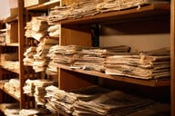 A photo of stacks of old newspapers on library shelves.