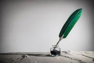 A quill pen in an ink pot against a gray background. 