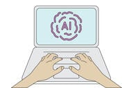 An illustration of two hands resting on a laptop keyboard; the screen says "AI."