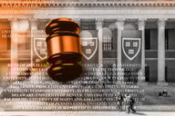An image of the Harvard University library overlaid with a gavel and court brief cover.