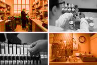 A set of four images showing college laboratory environments.