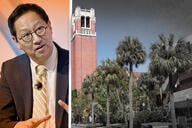 President Santa Ono next to a shot of the University of Florida campus.