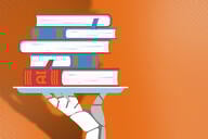 A robotic hand holds a stack of books, with the bottom book reading "AI" on its spine. 