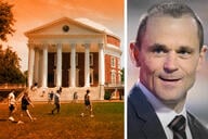 The campus of the University of Virginia next to a headshot of the former university president James Ryan.