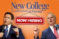 A photo illustration of Ron DeSantis and Richard Corcoran with a "now hiring" sign