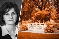 A photo illustration with a photo of Canan Bilen-Green on the left and, on the right, a photo of a buffalo statue on campus that stands atop a sign saying "North Dakota State University."