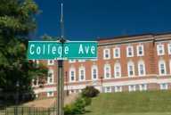A close-up of a green road sign that says "College Ave" with a brick university building in the background.