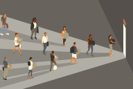 People carrying books and bags and coming in different directions yet all moving toward the same door