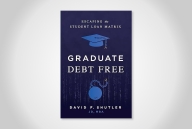 A blue book cover with the words "Graduate Debt Free" in white lettering