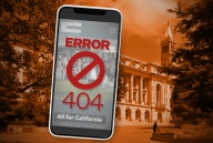 A phone has an "error 404" message on its screen in red. The phone is placed in front of an orange background showcasing a university building