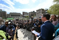 House Speaker Mike Johnson and crowd at Columbia