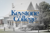 A photograph of a building on Keystone College’s campus, with the name of the college superimposed on it.