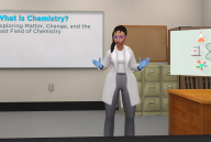 An animated woman stands in a classroom. She is wearing a lab coat and has a whiteboard behind her on the left and a chart examining an atom floating next to her on the right.