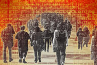 Students walking across campus with computer code behind them.