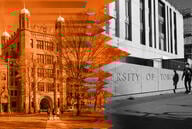 Photo illustration: Yale University campus with arrows going toward University of Toronto campus.