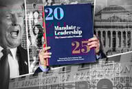 An illustration of the Project 2025 book, President Trump, the Department of Education and Columbia University.