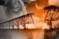 A broken bridge overlaid onto a photo of students.