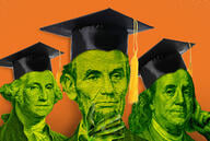 Founding fathers George Washington, Abrahim Lincoln and Benjamin Franklin wearing graduation mortarboards.