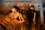 A photo illustration of students protesting against ICE and the ICE building layered together.