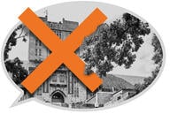 A speech bubble with the Indiana University Bloomington campus with an X over it.