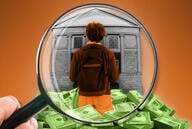Illustration: A student looking at a college building standing on a pile of money while under a magnifying glass.